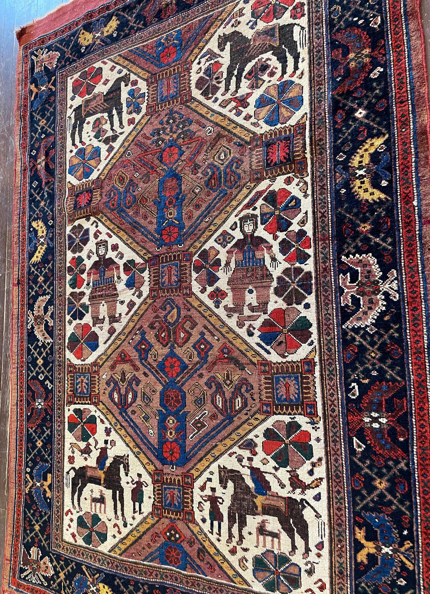 Laine Tapis pictural persan ancien de style tribal Afshar, vers les années 1880 en vente