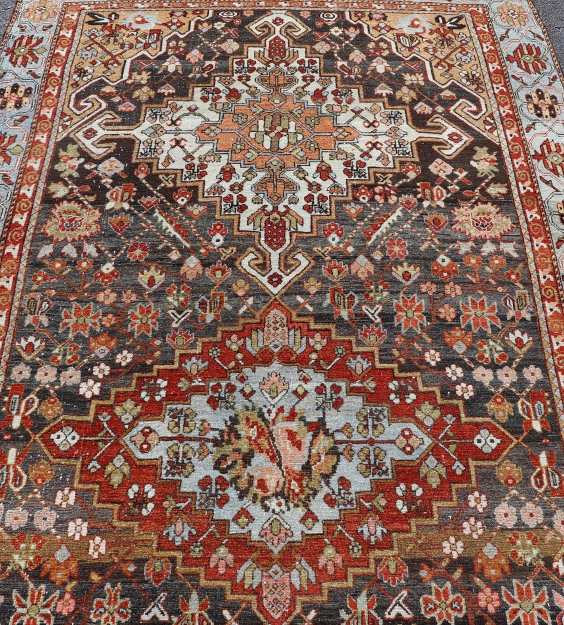 Antique Persian Tribal Design Bakhtiari Rug in Multi Colors By Keivan Woven Arts For Sale 9