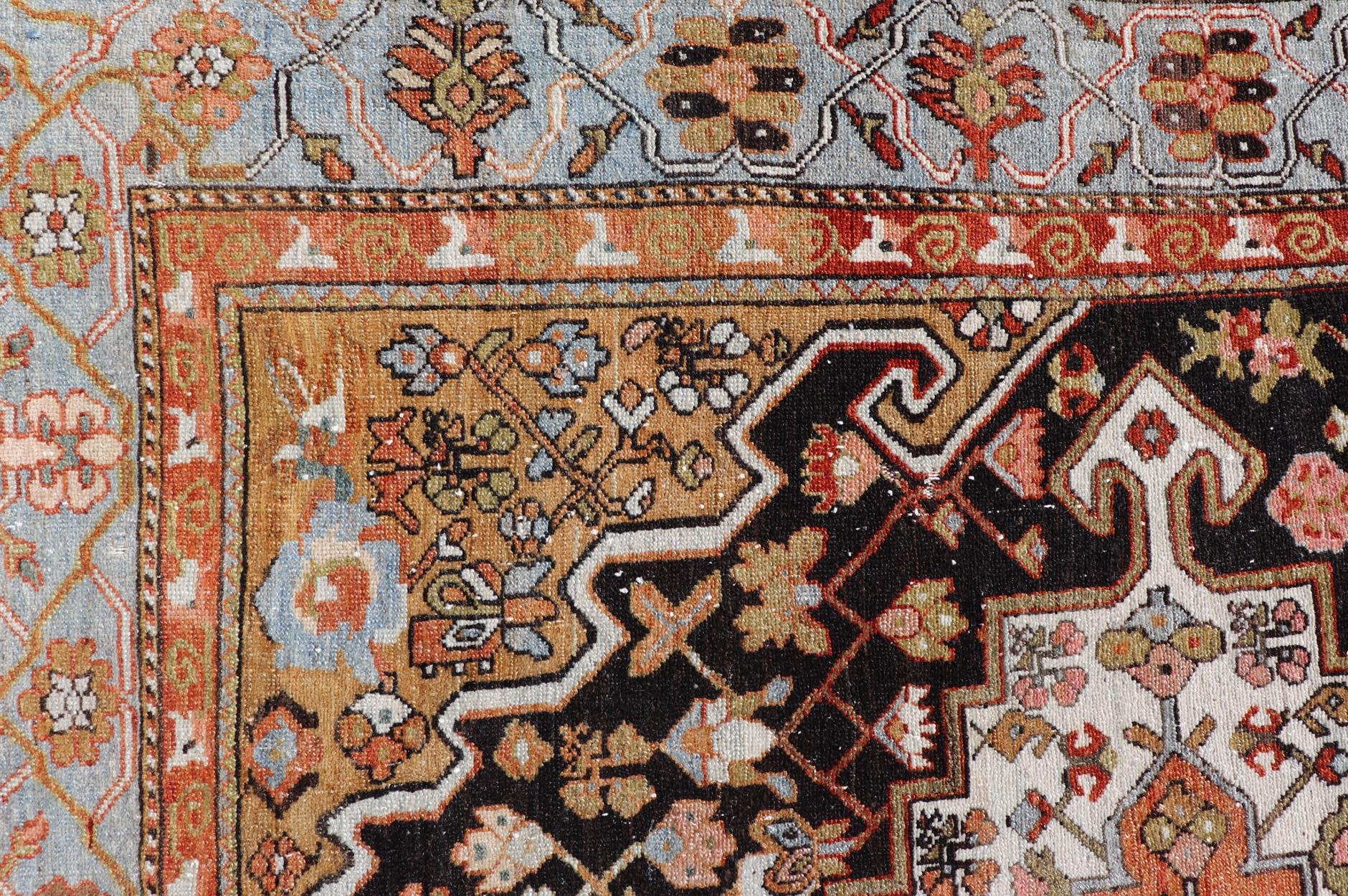 Bakshaish Antique Persian Tribal Design Bakhtiari Rug in Multi Colors By Keivan Woven Arts For Sale