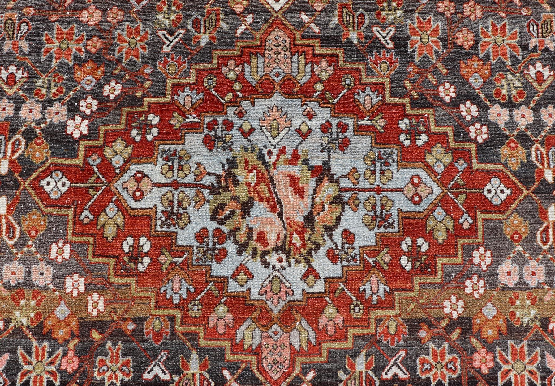 Wool Antique Persian Tribal Design Bakhtiari Rug in Multi Colors By Keivan Woven Arts For Sale
