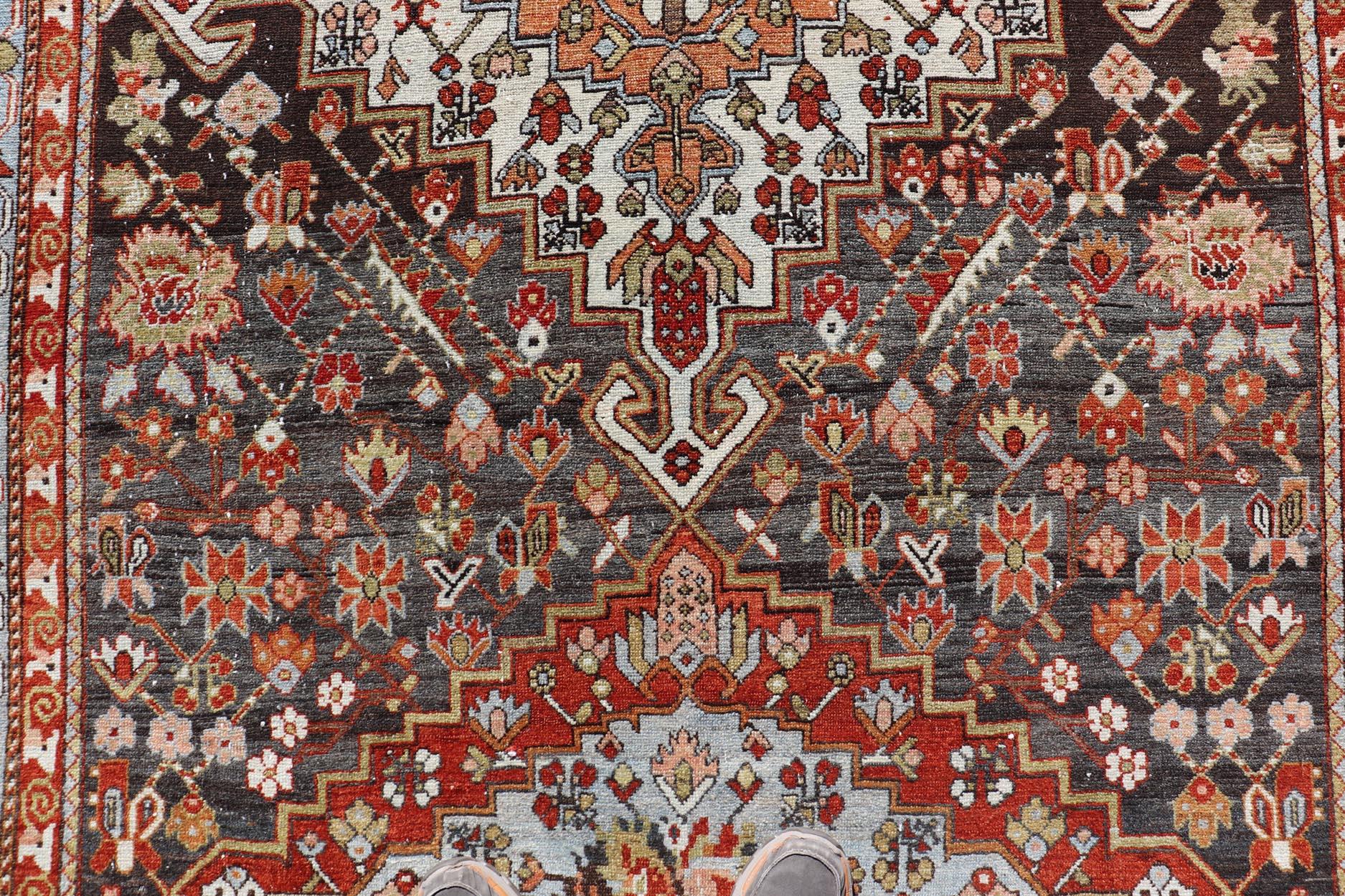Antique Persian Tribal Design Bakhtiari Rug in Multi Colors By Keivan Woven Arts For Sale 1