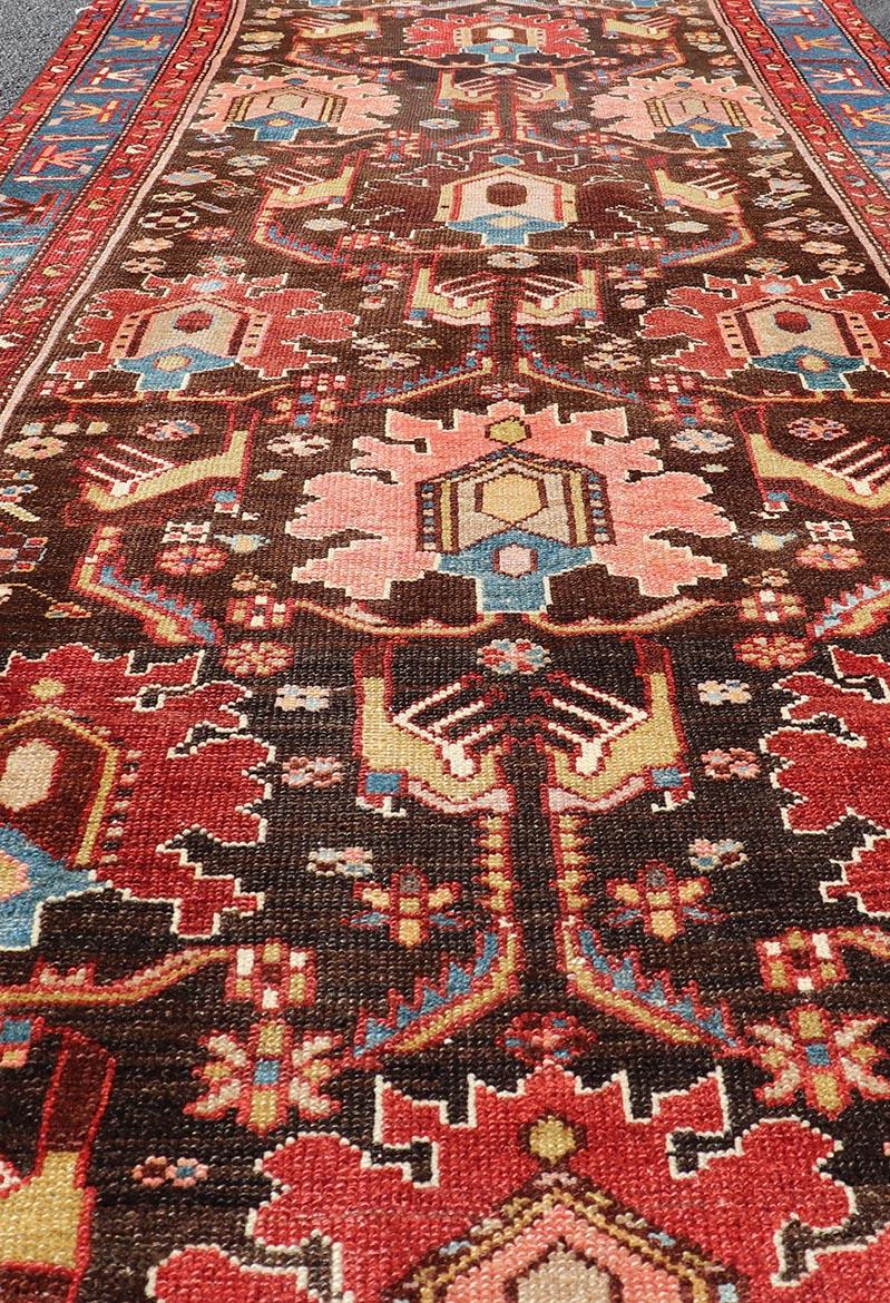 Malayer Antique Persian Tribal Designed Hamadan in Multi-Tiered Border in Brown and Blue For Sale