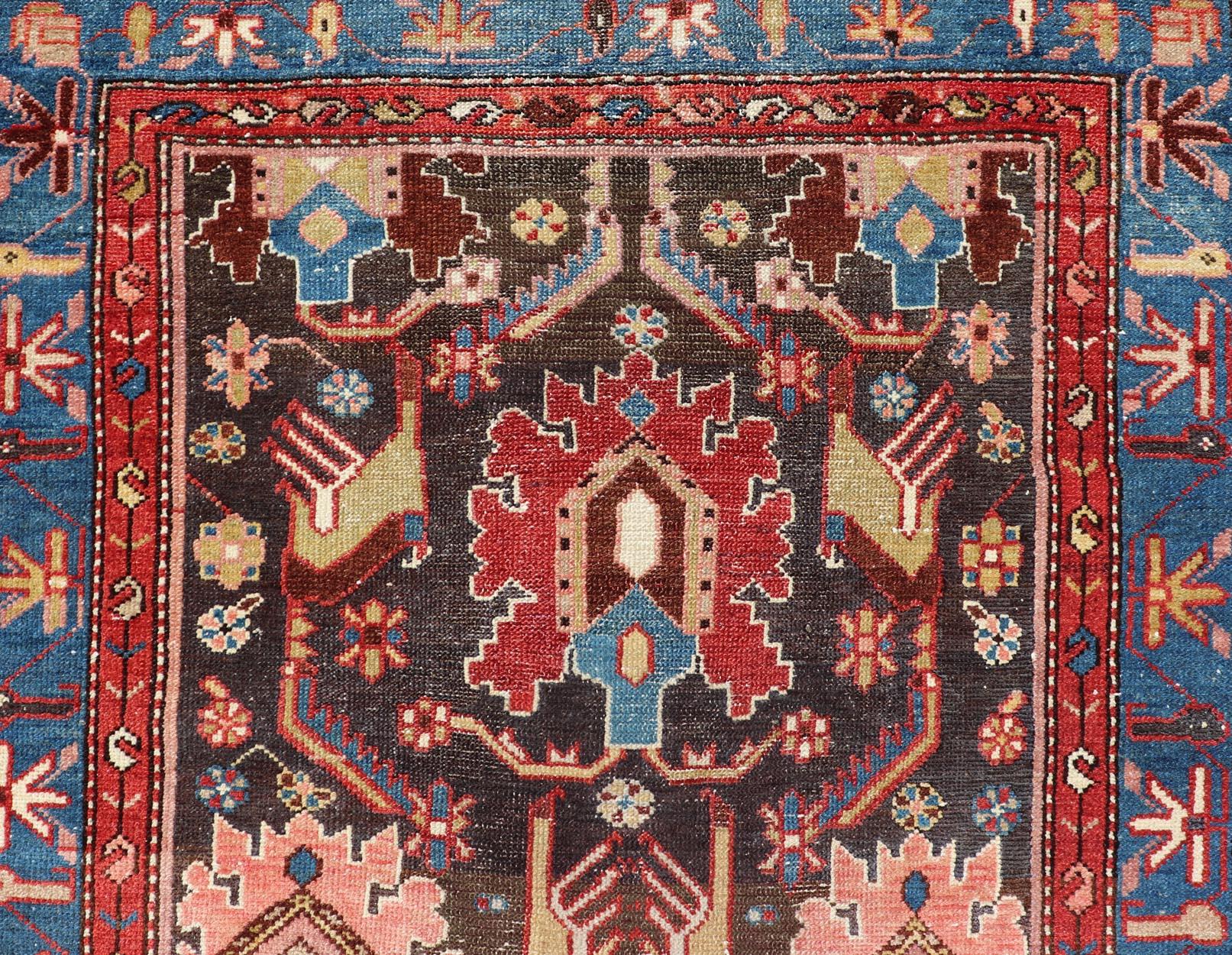 Hand-Knotted Antique Persian Tribal Designed Hamadan in Multi-Tiered Border in Brown and Blue For Sale