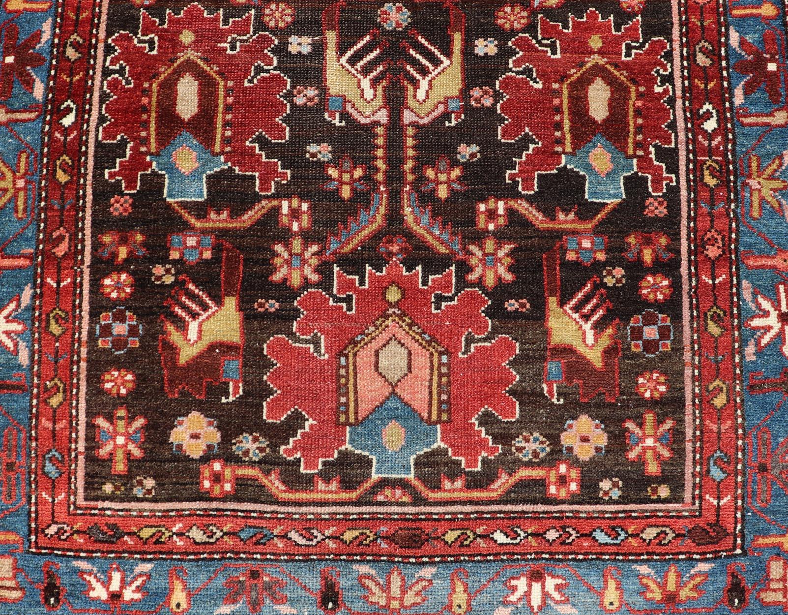 Antique Persian Tribal Designed Hamadan in Multi-Tiered Border in Brown and Blue In Good Condition For Sale In Atlanta, GA