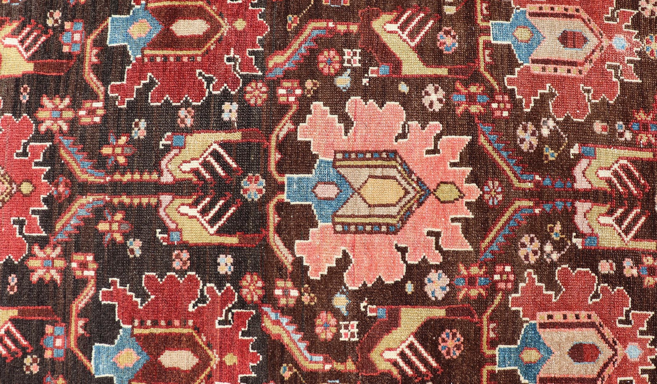 20th Century Antique Persian Tribal Designed Hamadan in Multi-Tiered Border in Brown and Blue For Sale