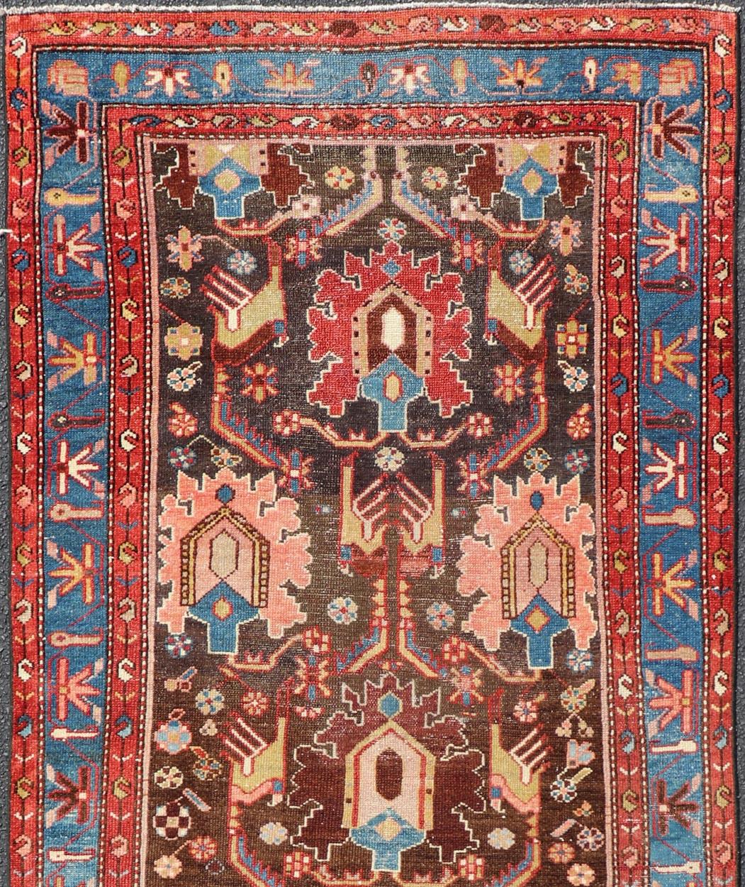 Wool Antique Persian Tribal Designed Hamadan in Multi-Tiered Border in Brown and Blue For Sale