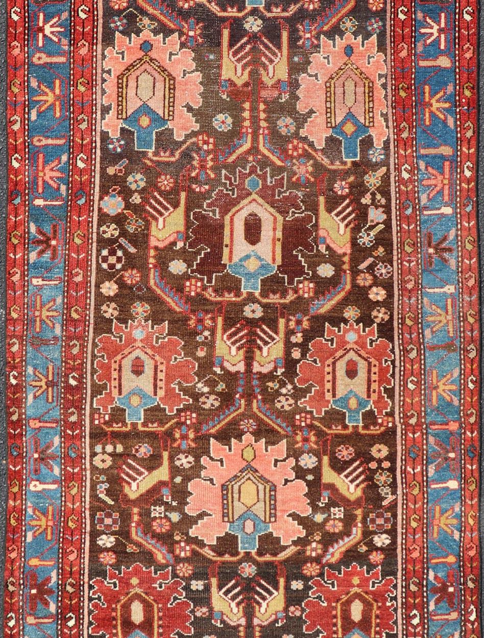 Antique Persian Tribal Designed Hamadan in Multi-Tiered Border in Brown and Blue For Sale 1