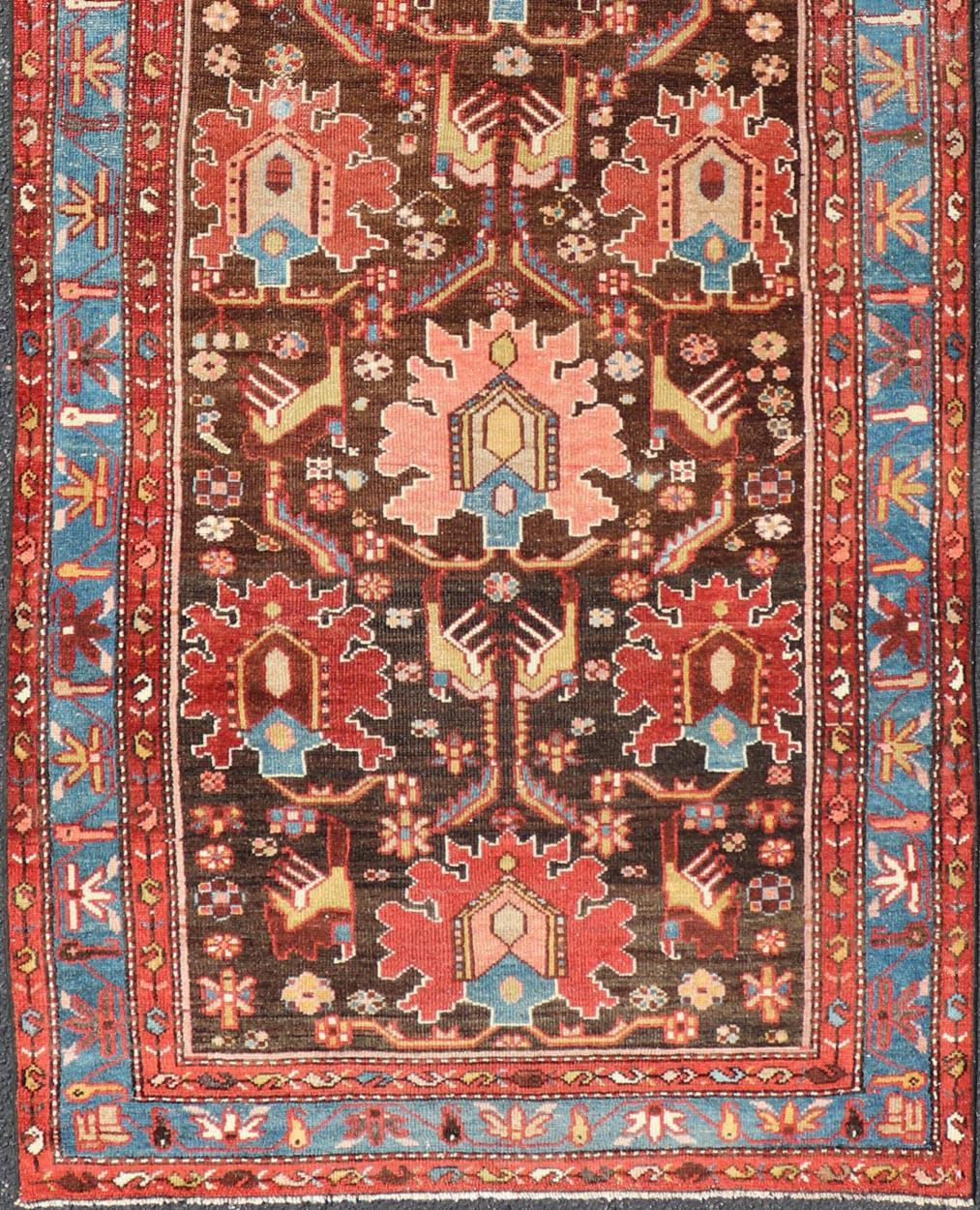 Antique Persian Tribal Designed Hamadan in Multi-Tiered Border in Brown and Blue For Sale 2