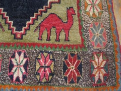 1920s Green Multicolor Animal Antique Persian Gabbeh Carpet 4' x 6'3" Tribal Rug