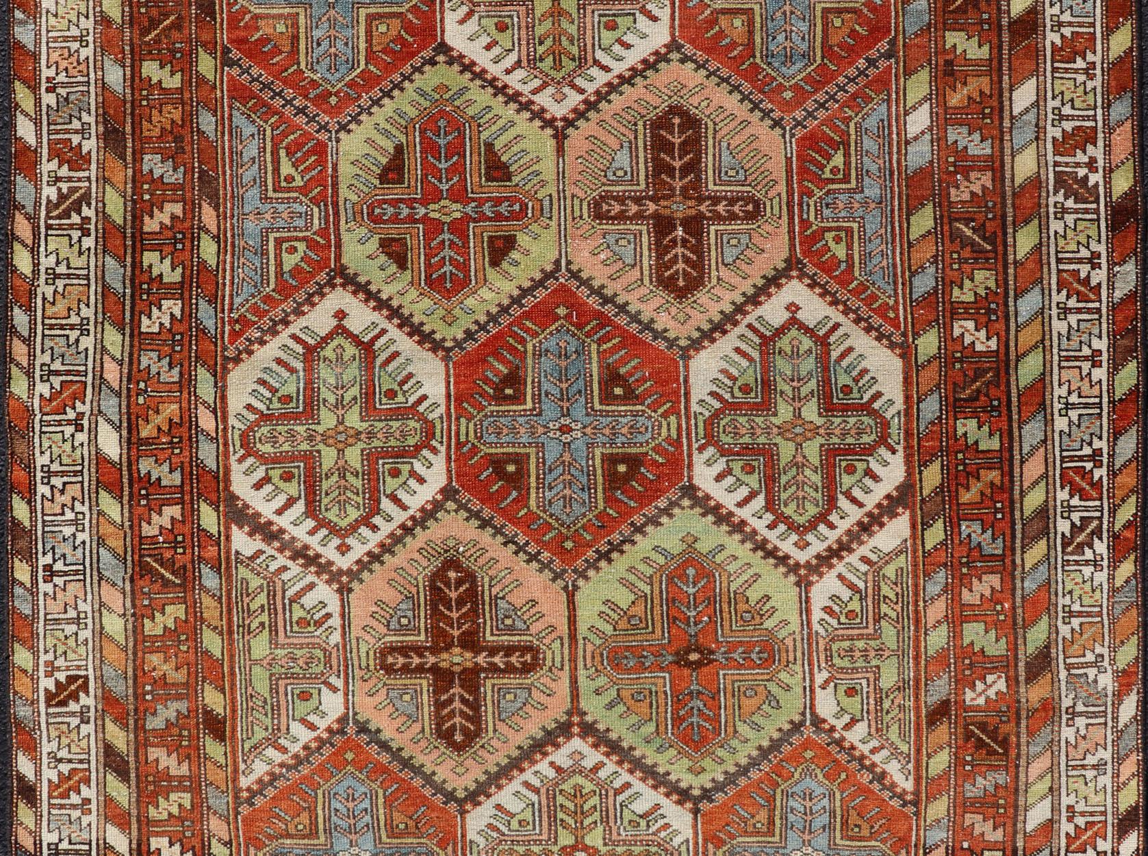 Antique Persian Tribal Motif Design with Crosses Bakhtiari Rug in Multi Colors For Sale 4
