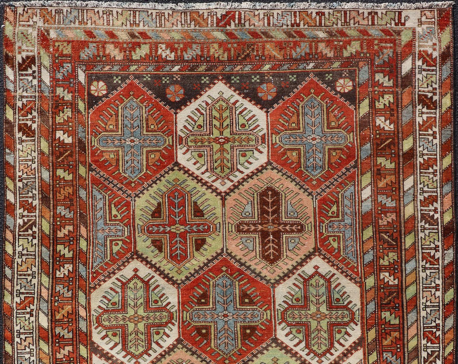 Antique Persian Tribal Motif Design with Crosses Bakhtiari Rug in Multi Colors For Sale 3
