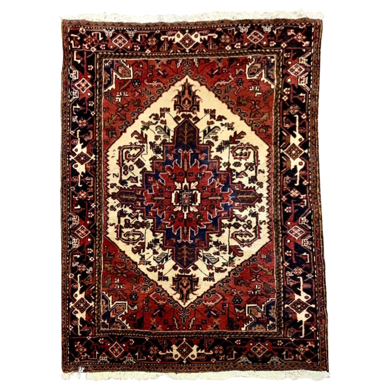 Antique Persian Tribal Red Navy Blue Heriz Area Rug, circa 1960s For Sale