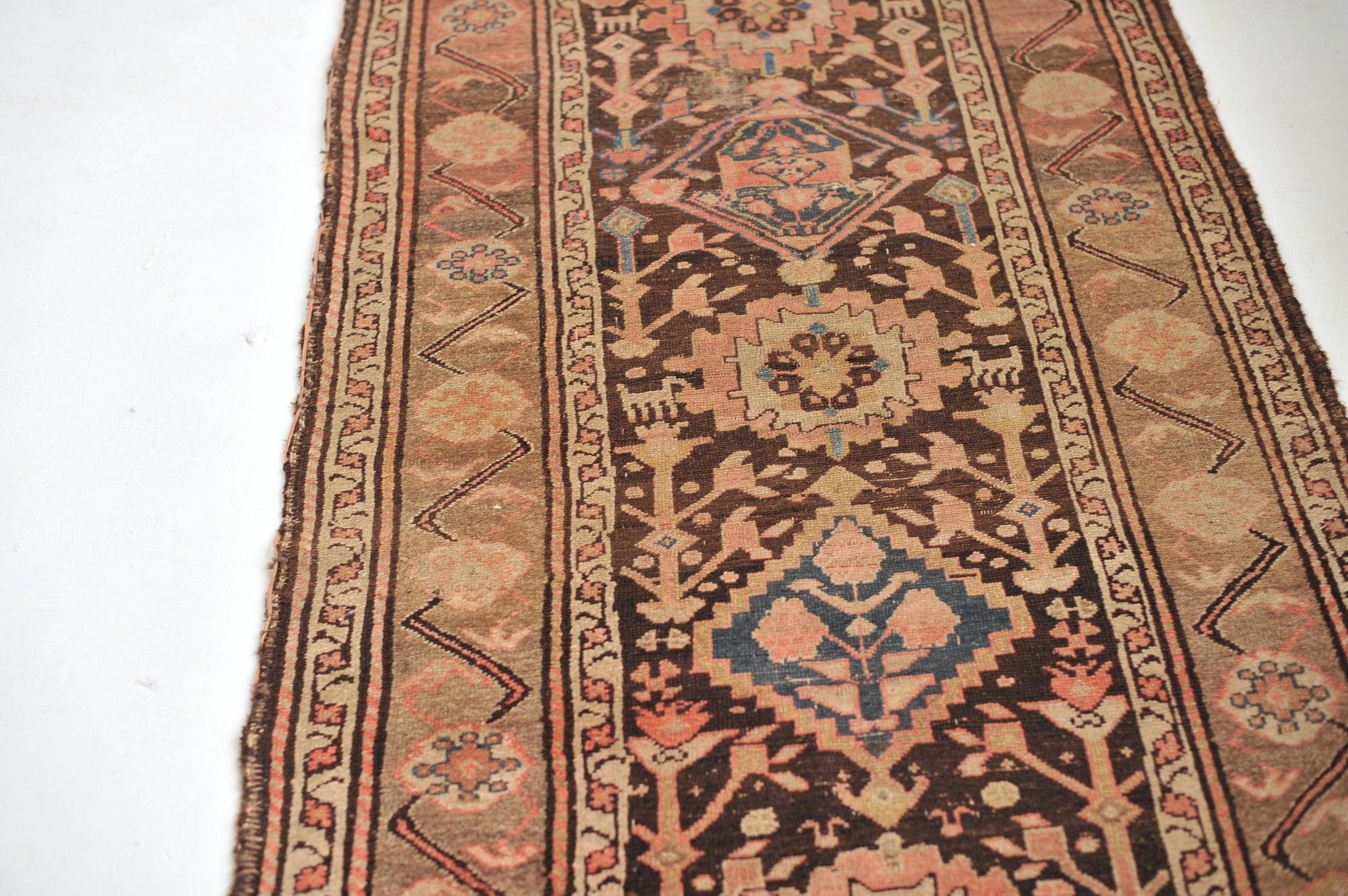 Antique Persian Tribal Runner in Charcoal Black, Taupe, Pink, & Blue Colors In Good Condition For Sale In Milwaukee, WI