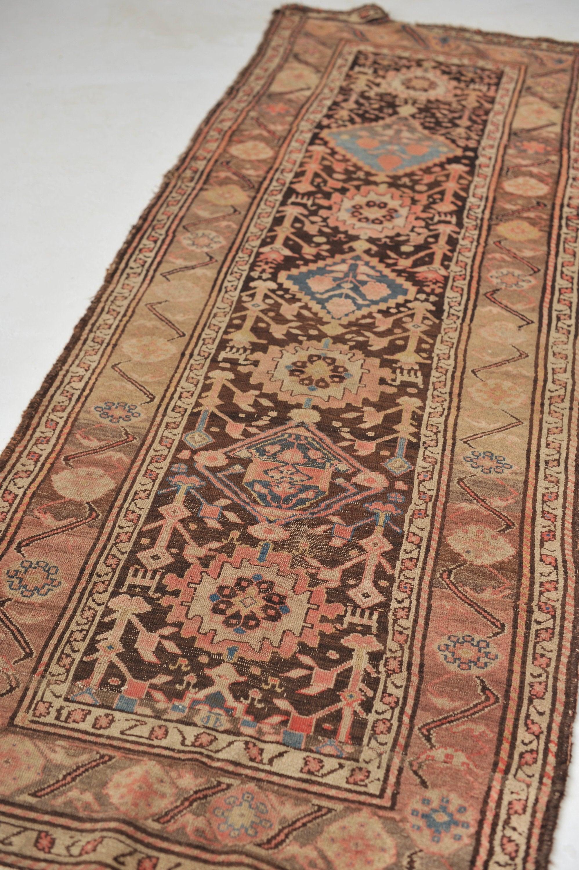 Antique Persian Tribal Runner in Charcoal Black, Taupe, Pink, & Blue Colors For Sale 1