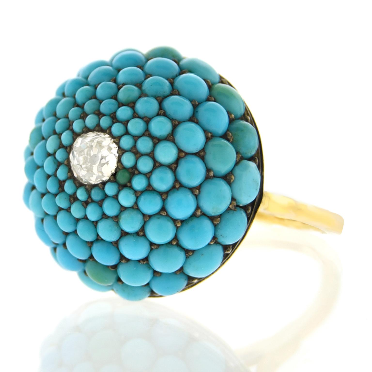 Victorian Antique Persian Turquoise and Diamond-Set Gold Ring