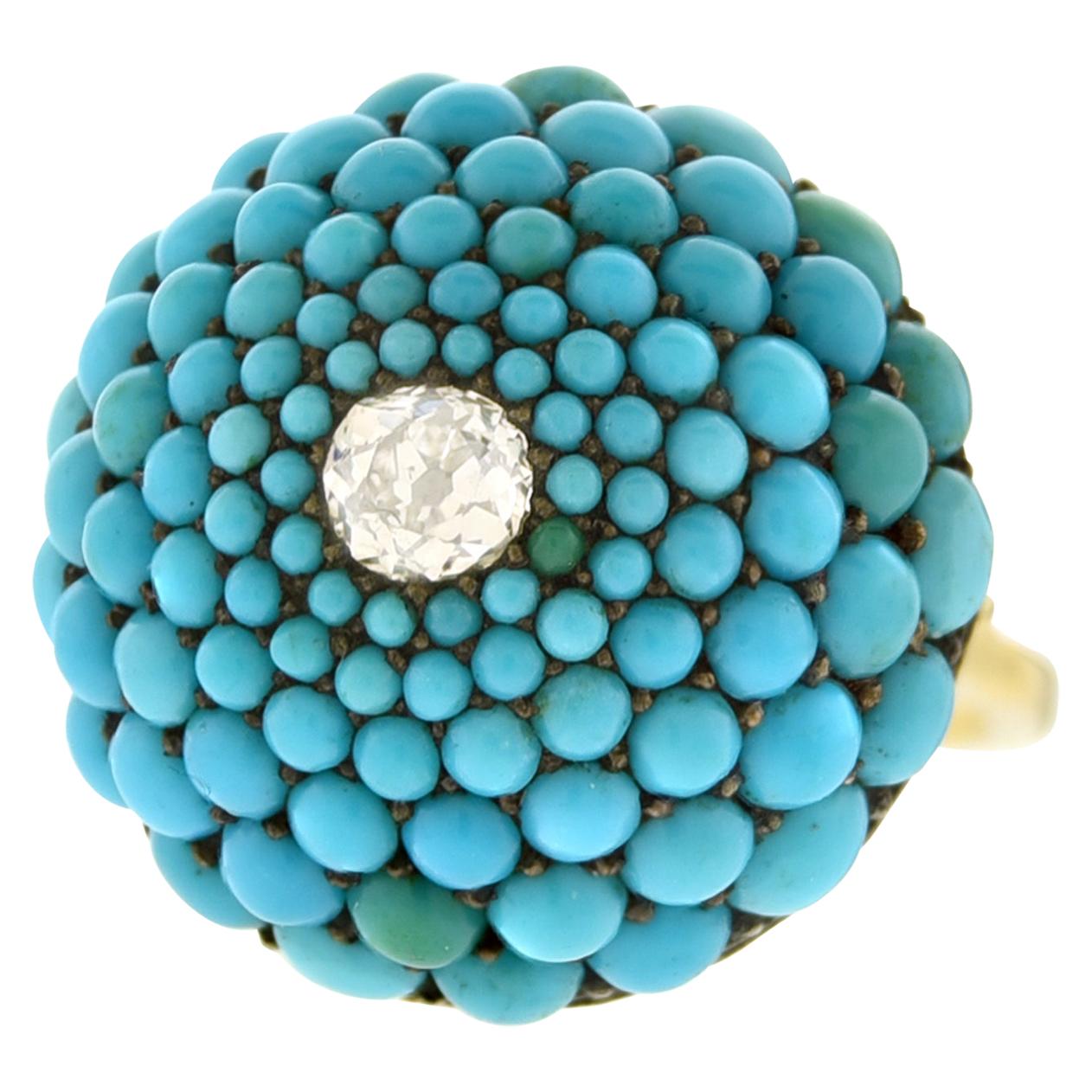 Antique Persian Turquoise and Diamond-Set Gold Ring