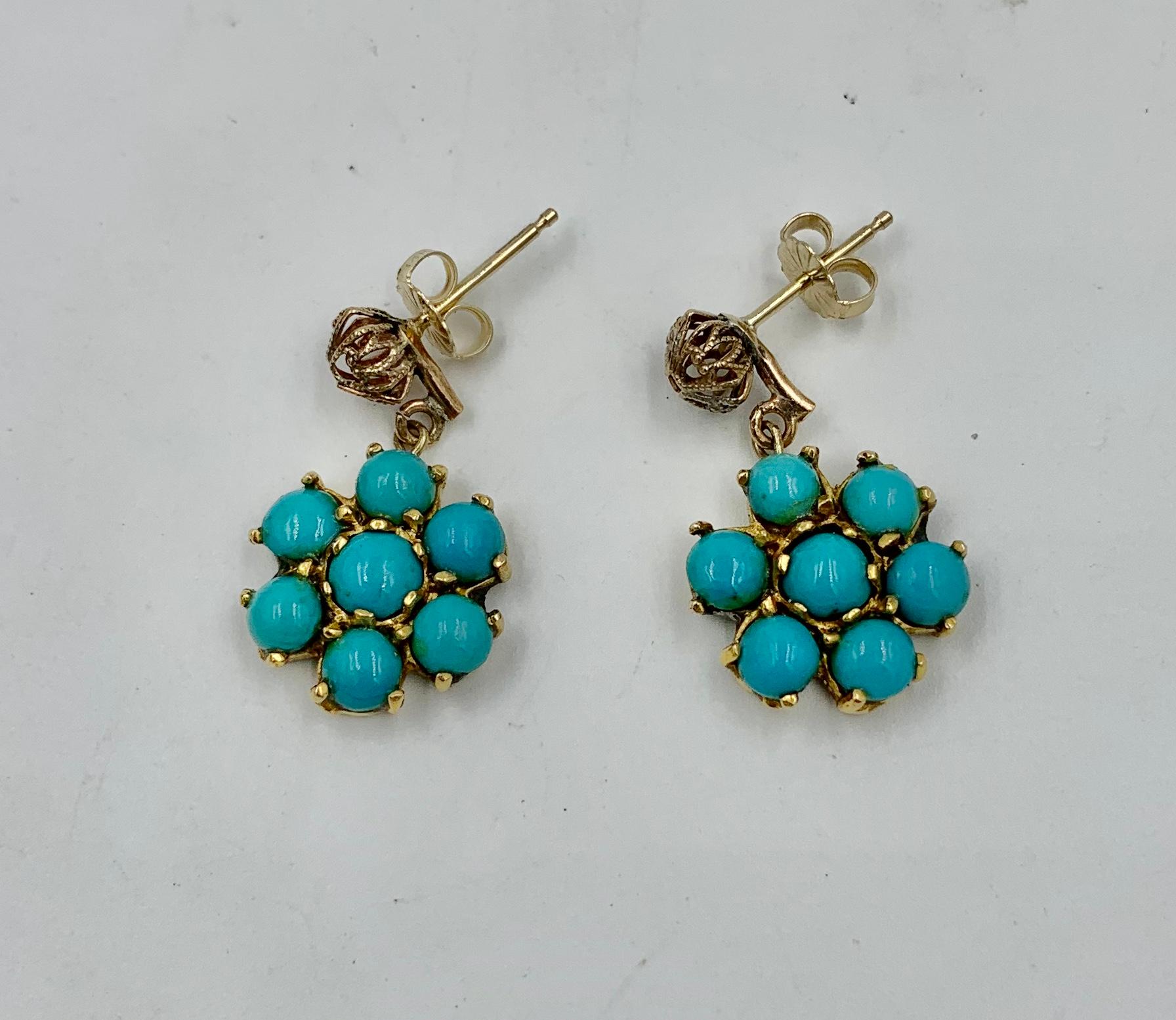 Retro Persian Turquoise Dangle Drop Flower Earrings 14 Karat Gold Art Deco Style For Sale