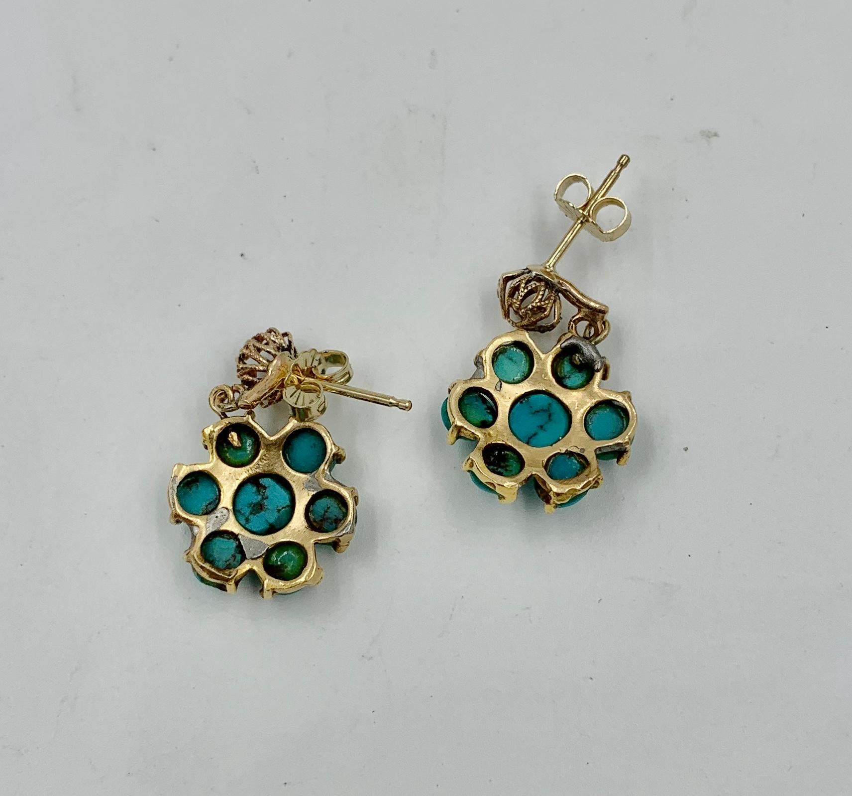 Persian Turquoise Dangle Drop Flower Earrings 14 Karat Gold Art Deco Style In Good Condition For Sale In New York, NY