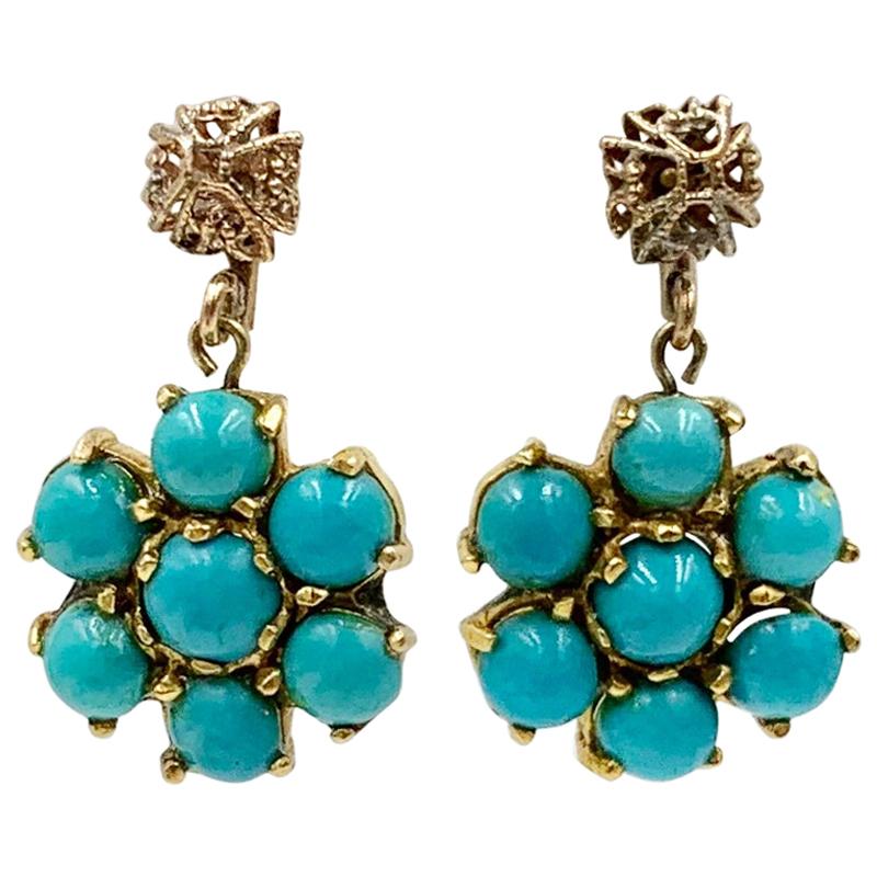 Persian Turquoise Dangle Drop Flower Earrings 14 Karat Gold Art Deco Style For Sale