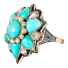 Antique Persian Turquoise, Diamond and Enamel Cluster Ring
