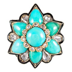 Antique Persian Turquoise, Diamond and Enamel Cluster Ring
