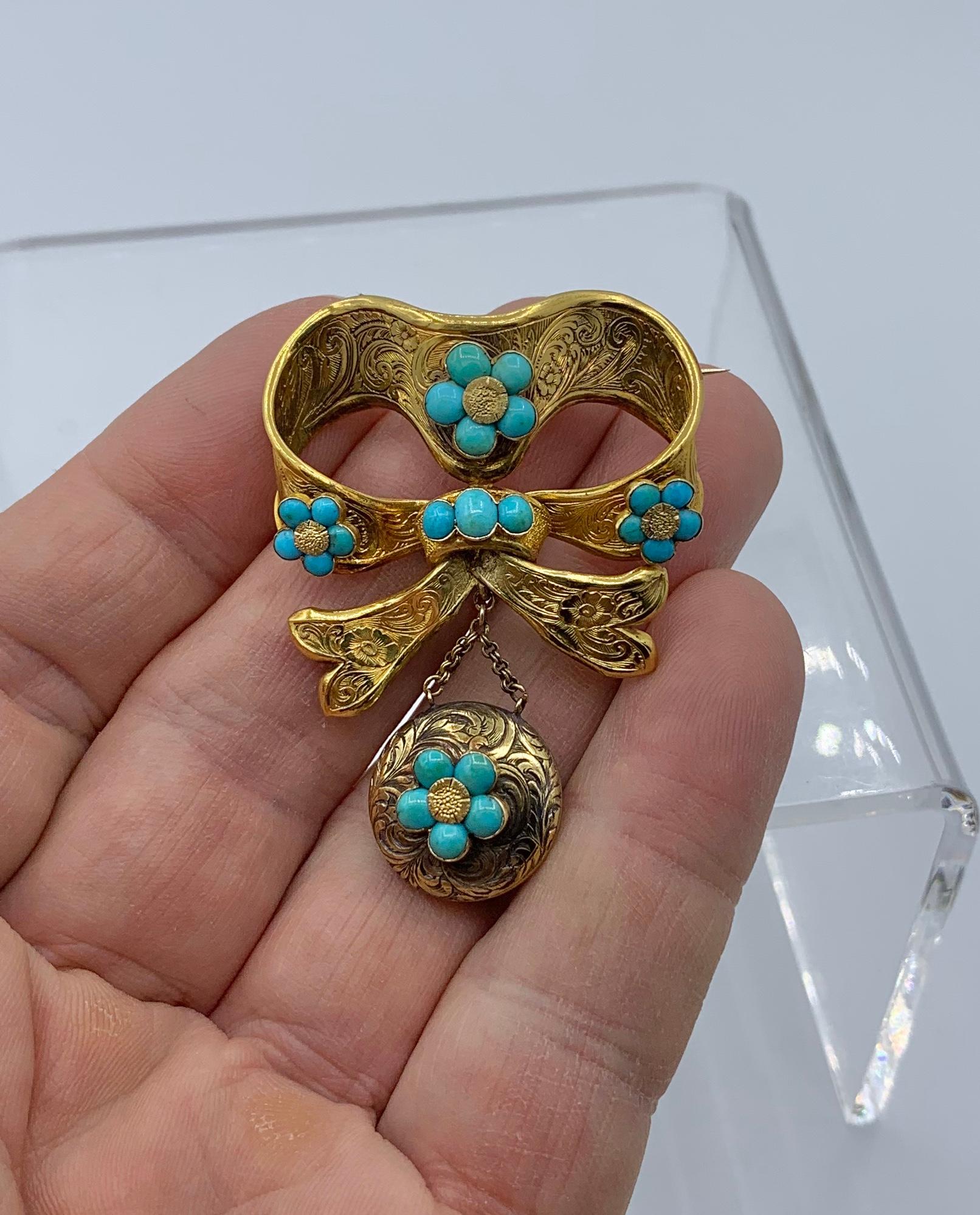 Antique Persian Turquoise Locket Brooch Pin Forget Me Not Bow Motif Victorian For Sale 2