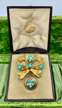 Antique Persian Turquoise Locket Brooch Pin Forget Me Not Bow Motif Victorian