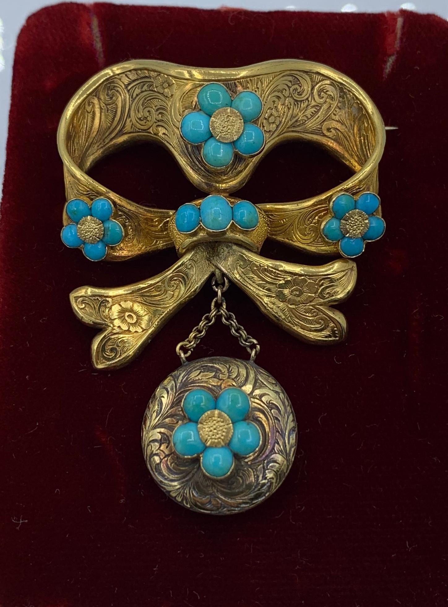 Victorien Antique broche médaillon persane turquoise à motif nœud « Forget Me Not » victorien en vente