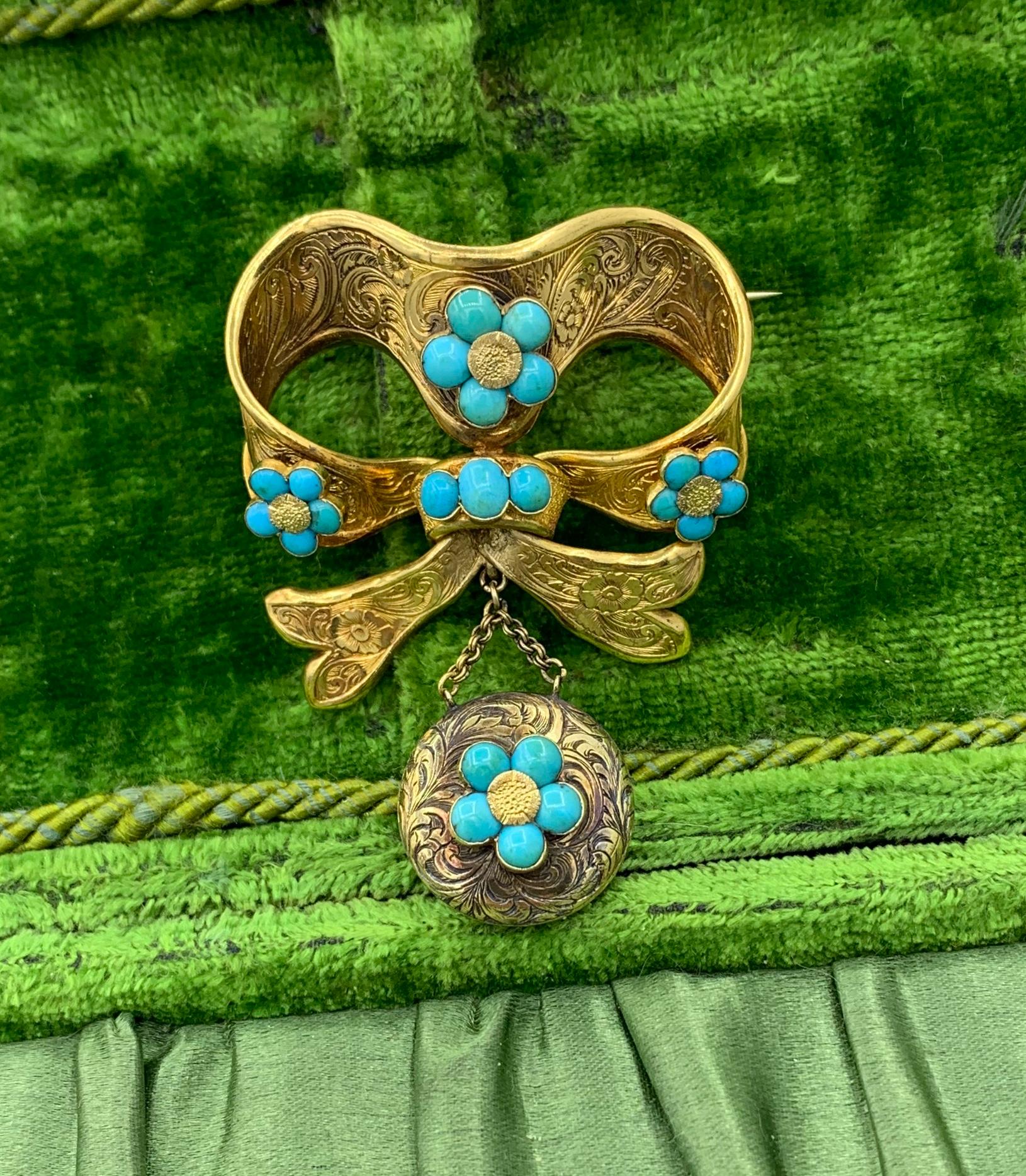 Antique broche médaillon persane turquoise à motif nœud « Forget Me Not » victorien Bon état - En vente à New York, NY