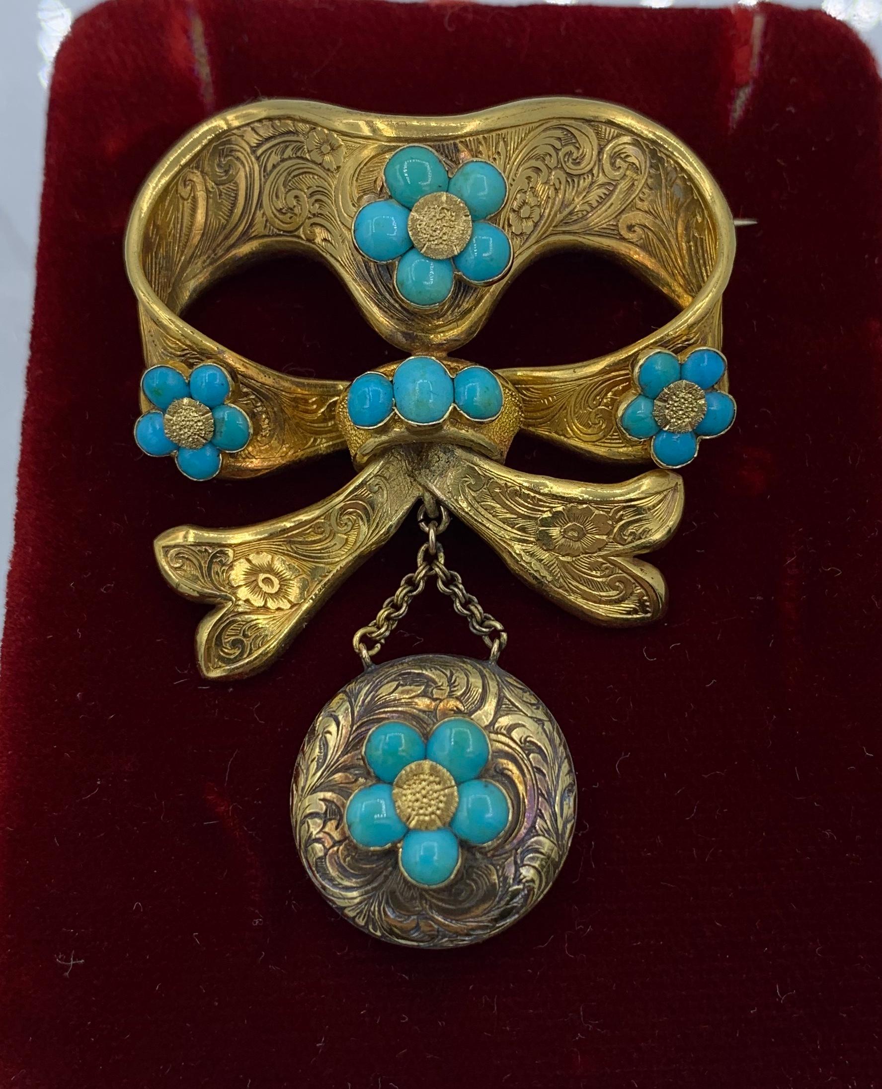 Antique Persian Turquoise Locket Brooch Pin Forget Me Not Bow Motif Victorian In Good Condition For Sale In New York, NY