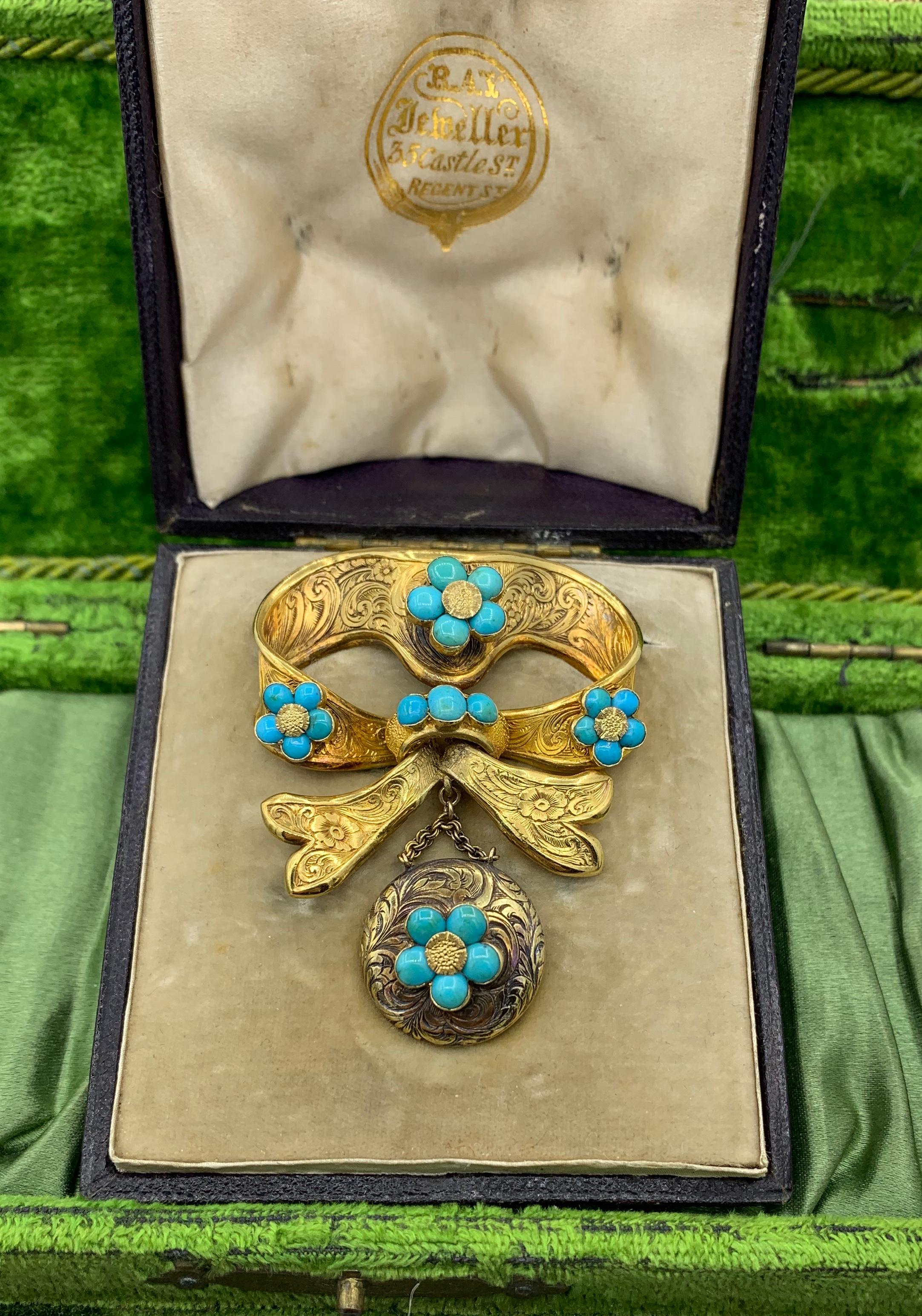 Antique broche médaillon persane turquoise à motif nœud « Forget Me Not » victorien en vente 2