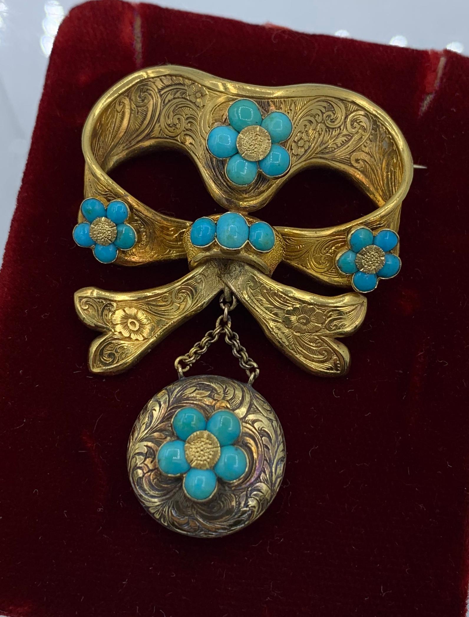Antique Persian Turquoise Locket Brooch Pin Forget Me Not Bow Motif Victorian For Sale 1