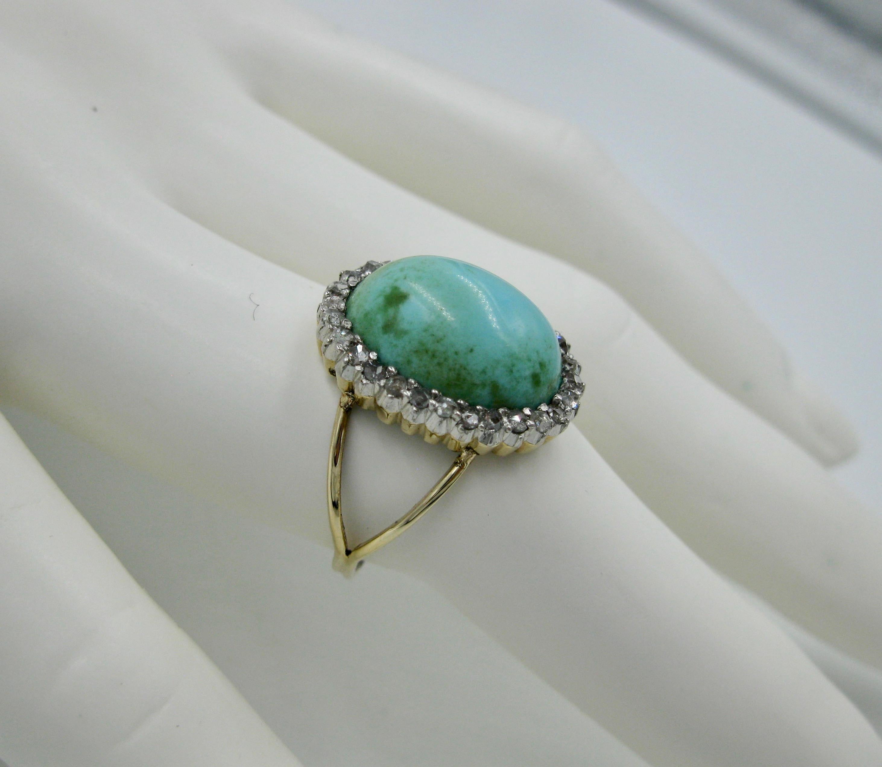 Antique Persian Turquoise Ring Rose Cut Diamond Halo Platinum Edwardian For Sale 3