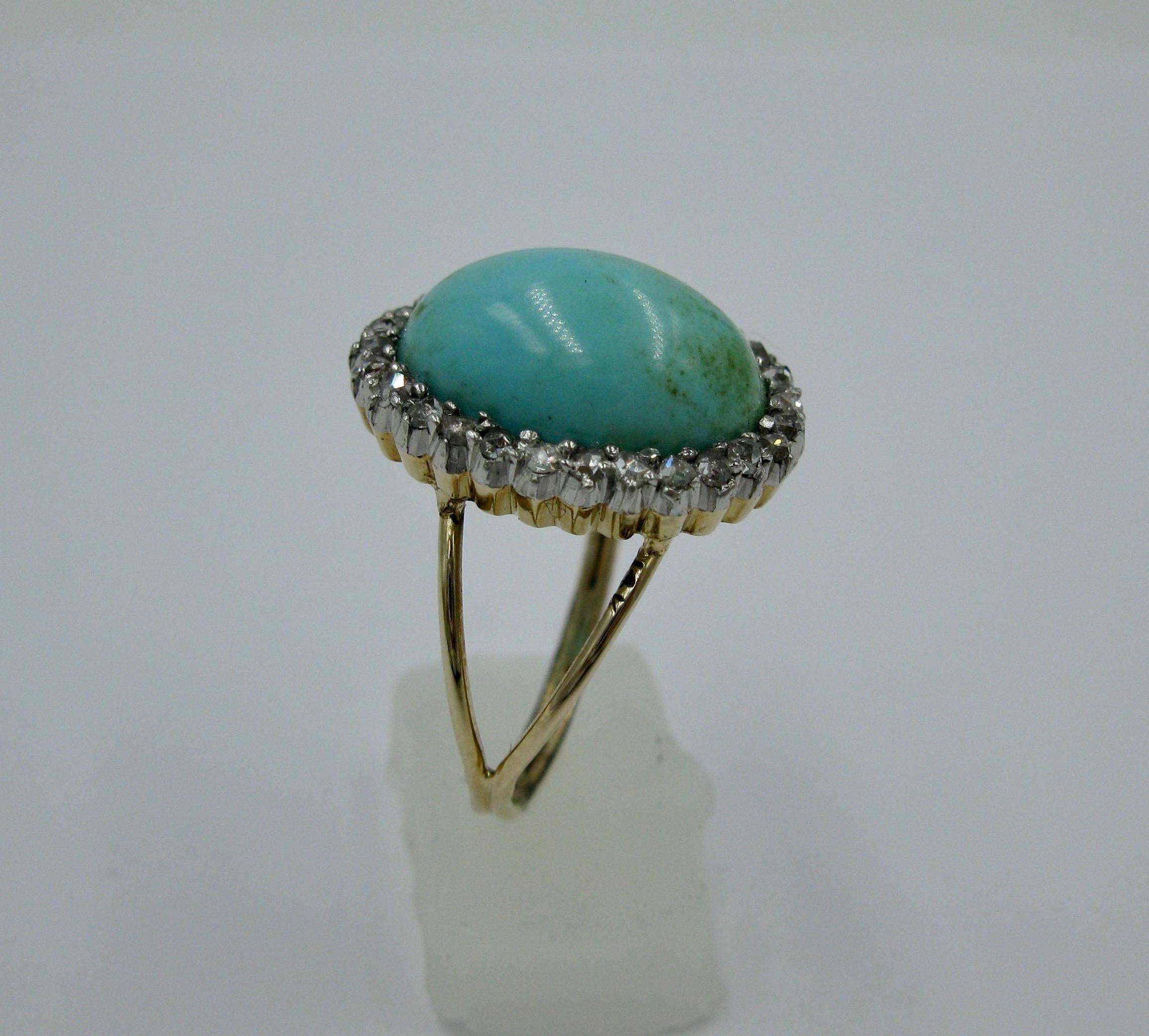 Antique Persian Turquoise Ring Rose Cut Diamond Halo Platinum Edwardian In Good Condition For Sale In New York, NY