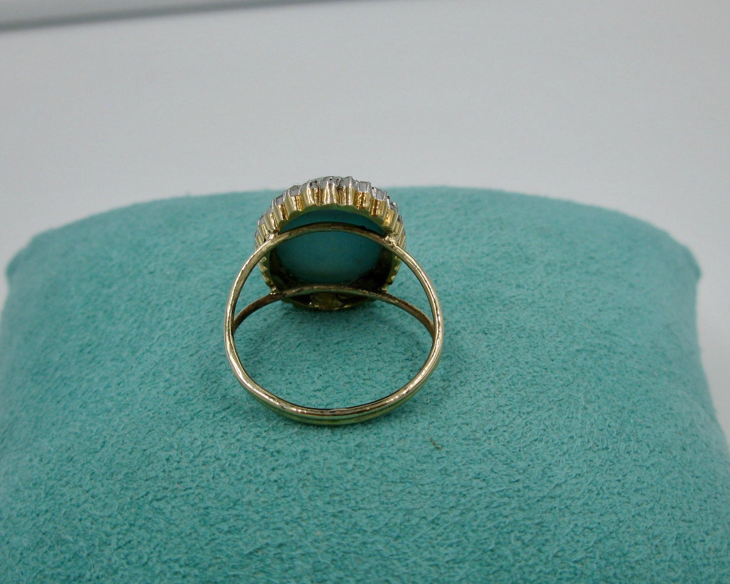 Antique Persian Turquoise Ring Rose Cut Diamond Halo Platinum Edwardian For Sale 2