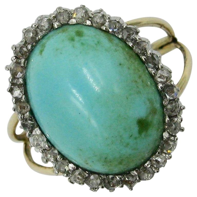 Antique Persian Turquoise Ring Rose Cut Diamond Halo Platinum Edwardian