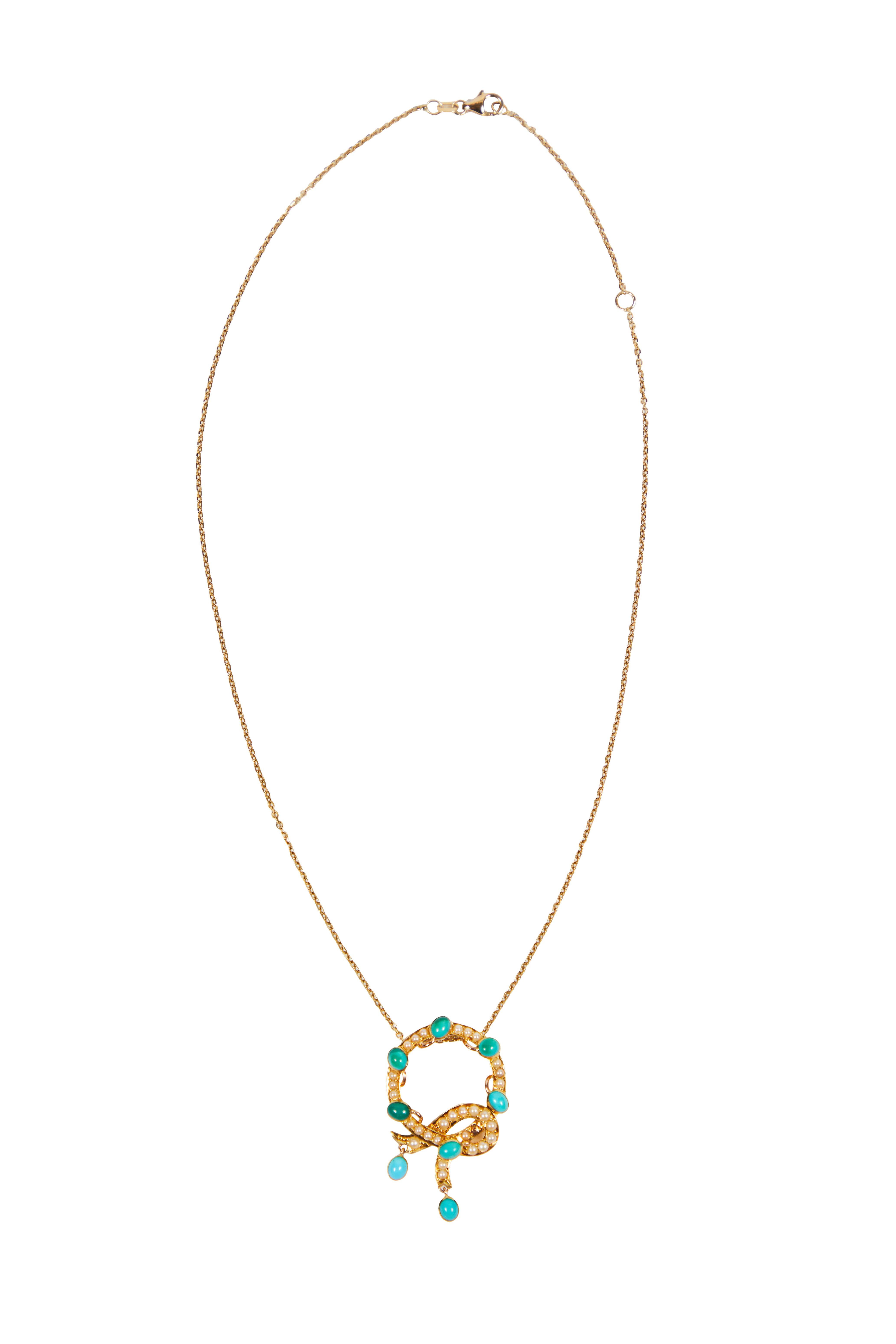 Persian Turquoise & Seed Pearls 14K Necklace

This lovely necklace -- a snake-like ribbon of pearls interspersed with turquoise and ending with turquoise drops -- was converted from a pin and made into a pendant on a new 17