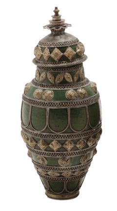 Antique Persian White Metal Mounted Green Glazed Pottery Vases