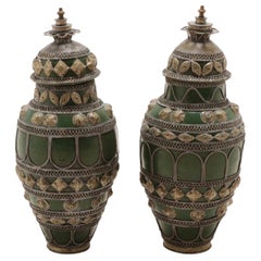 Antique Persian White Metal Mounted Green Glazed Pottery Vases