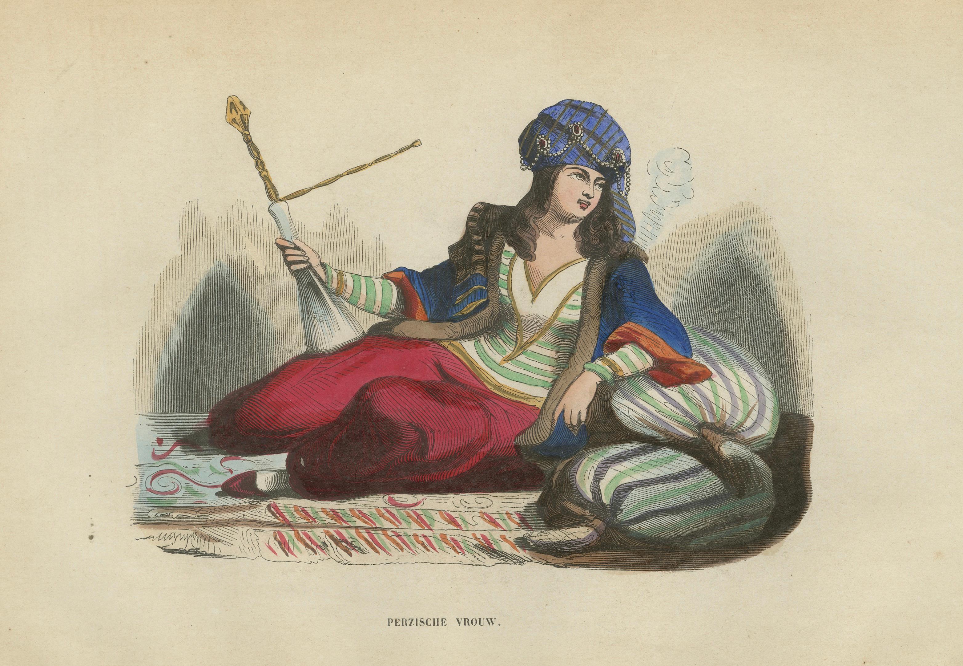 Antique Persian Woman Print, Orientalist Hand-Colored Lithograph, 1852