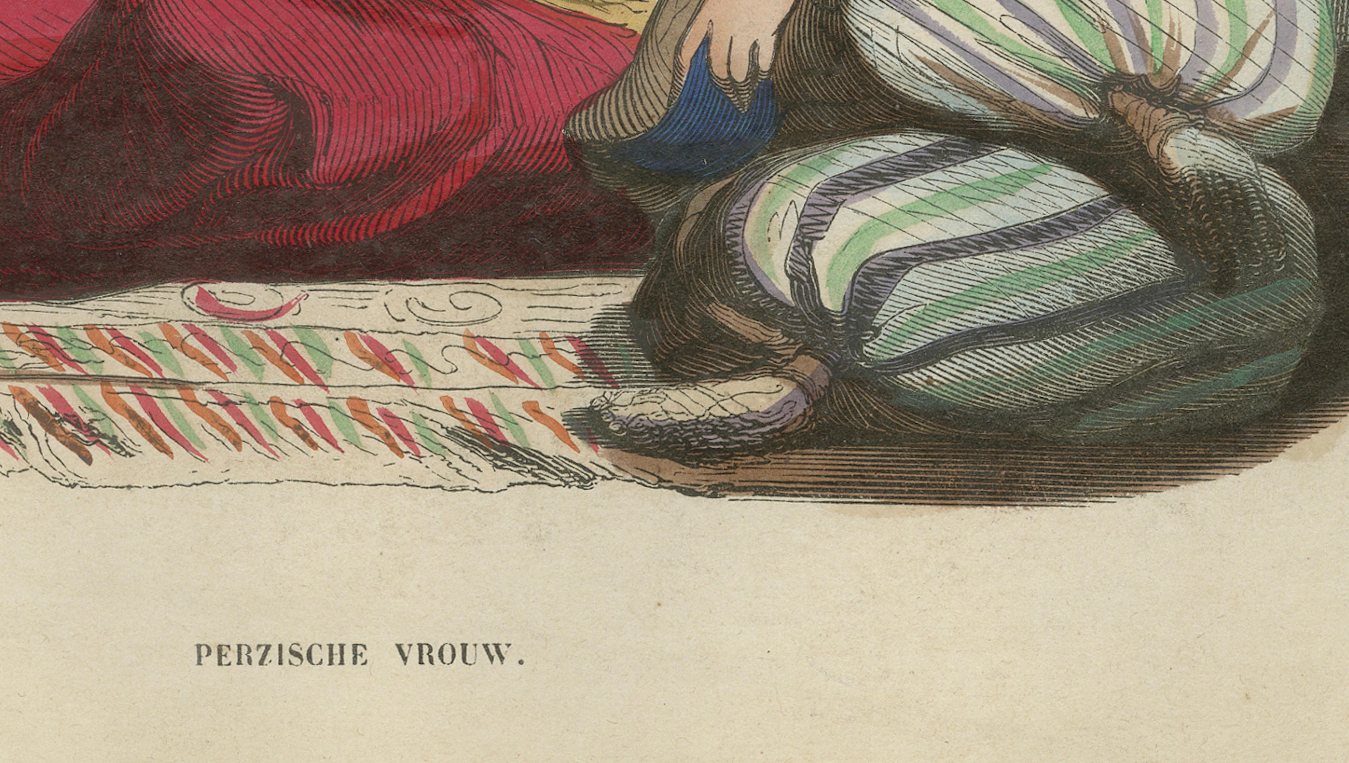 Antique Persian Woman Print, Orientalist Hand-Colored Lithograph, 1852