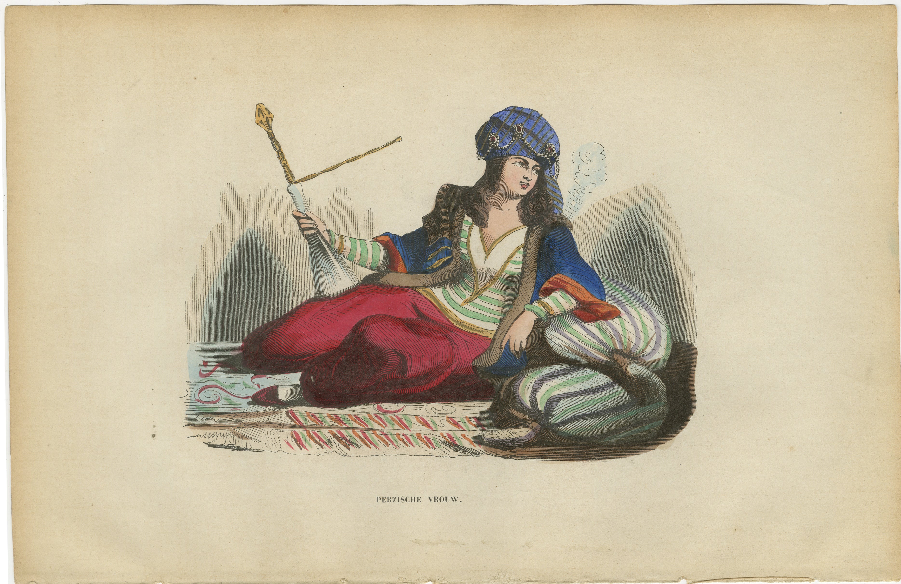 Antique Persian Woman Print, Orientalist Hand-Colored Lithograph, 1852