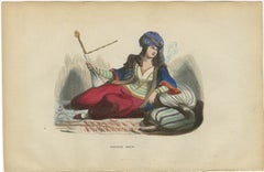 Antique Persian Woman Print, Orientalist Hand-Colored Lithograph, 1852