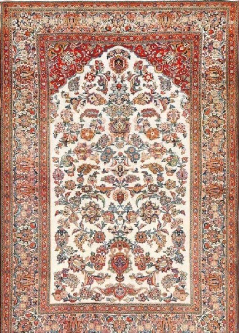 Antique Persian Wool and Silk Prayer Design Kashan Oriental Rug For Sale 4