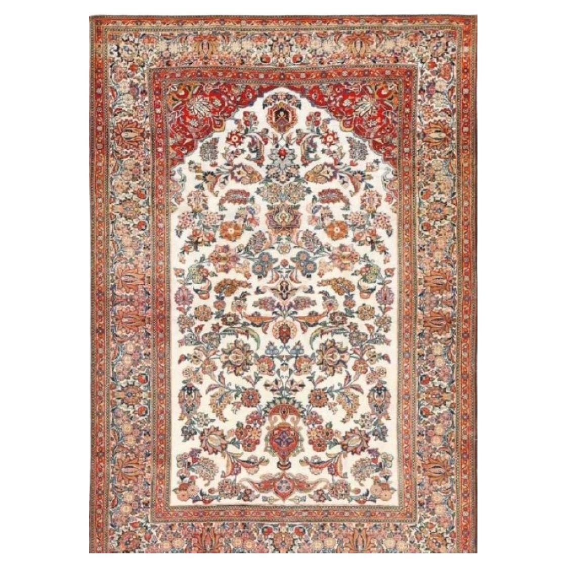 Antique Persian Wool and Silk Prayer Design Kashan Oriental Rug
