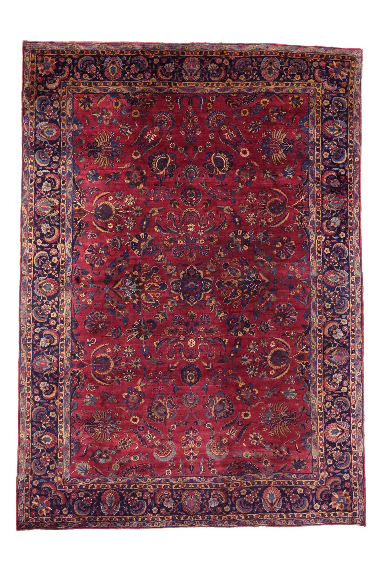 Hand-Knotted Antique Burgundy Persian Yazd Rug with Victorian Renaissance Style For Sale