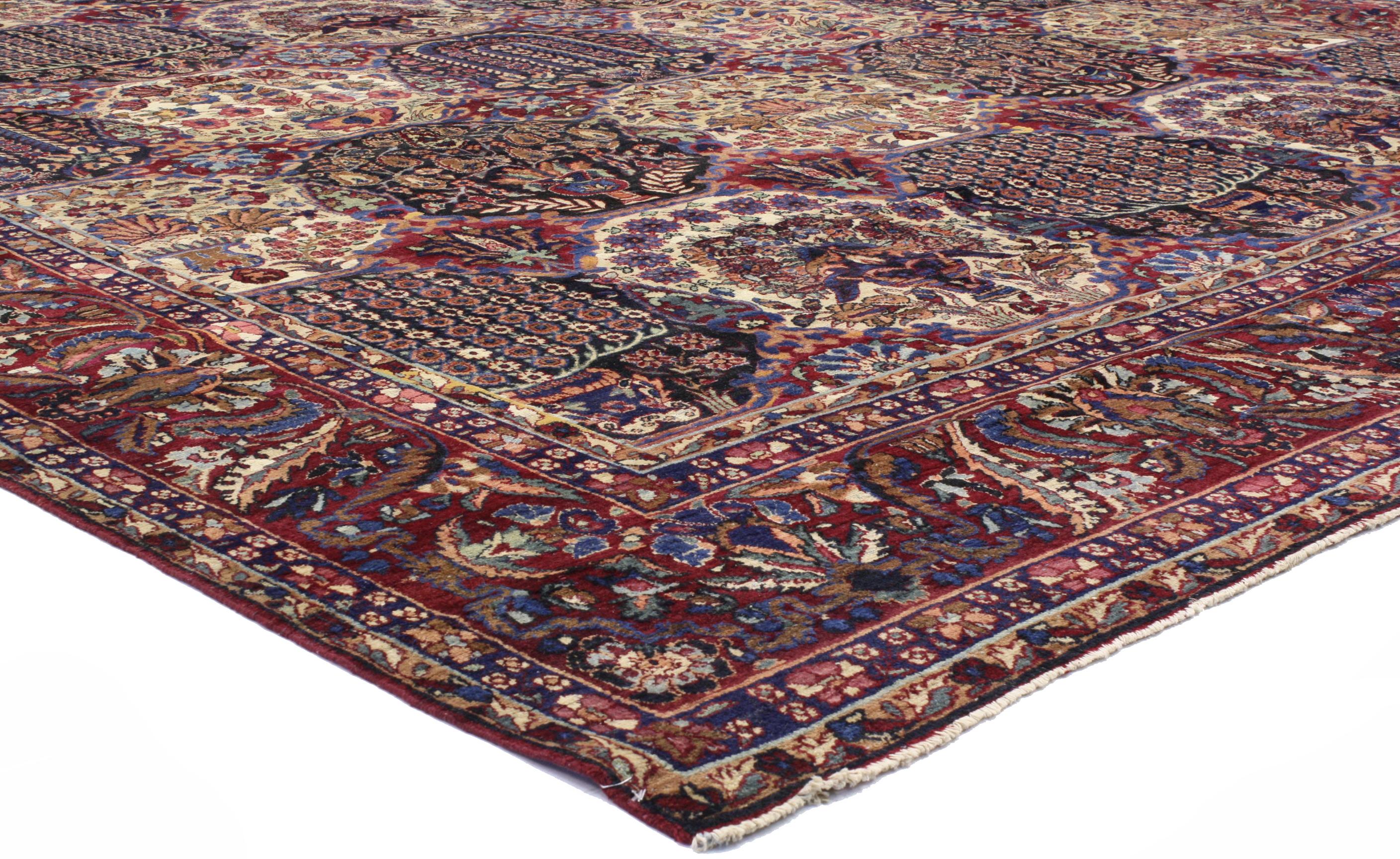 73339 Antique Persian Yazd Palace Rug with Victorian Style and Garden Design. With its beautiful garden design pattern and jewel tone colors, this antique Persian Yazd rug is filled with meticulous details as the tessellation unfolds throughout the