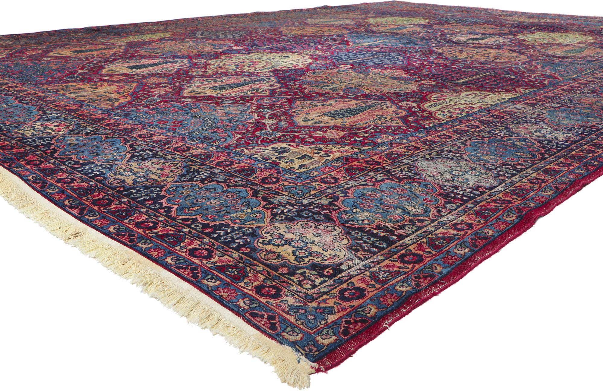78356 Antique Persian Yazd Rug, 13'02 x 18'07. With timeless appeal, ornate decorative detailing, and effortless beauty, this hand knotted wool antique Persian Yazd rug is poised to impress. The deep red-burgundy field is covered in an all-over
