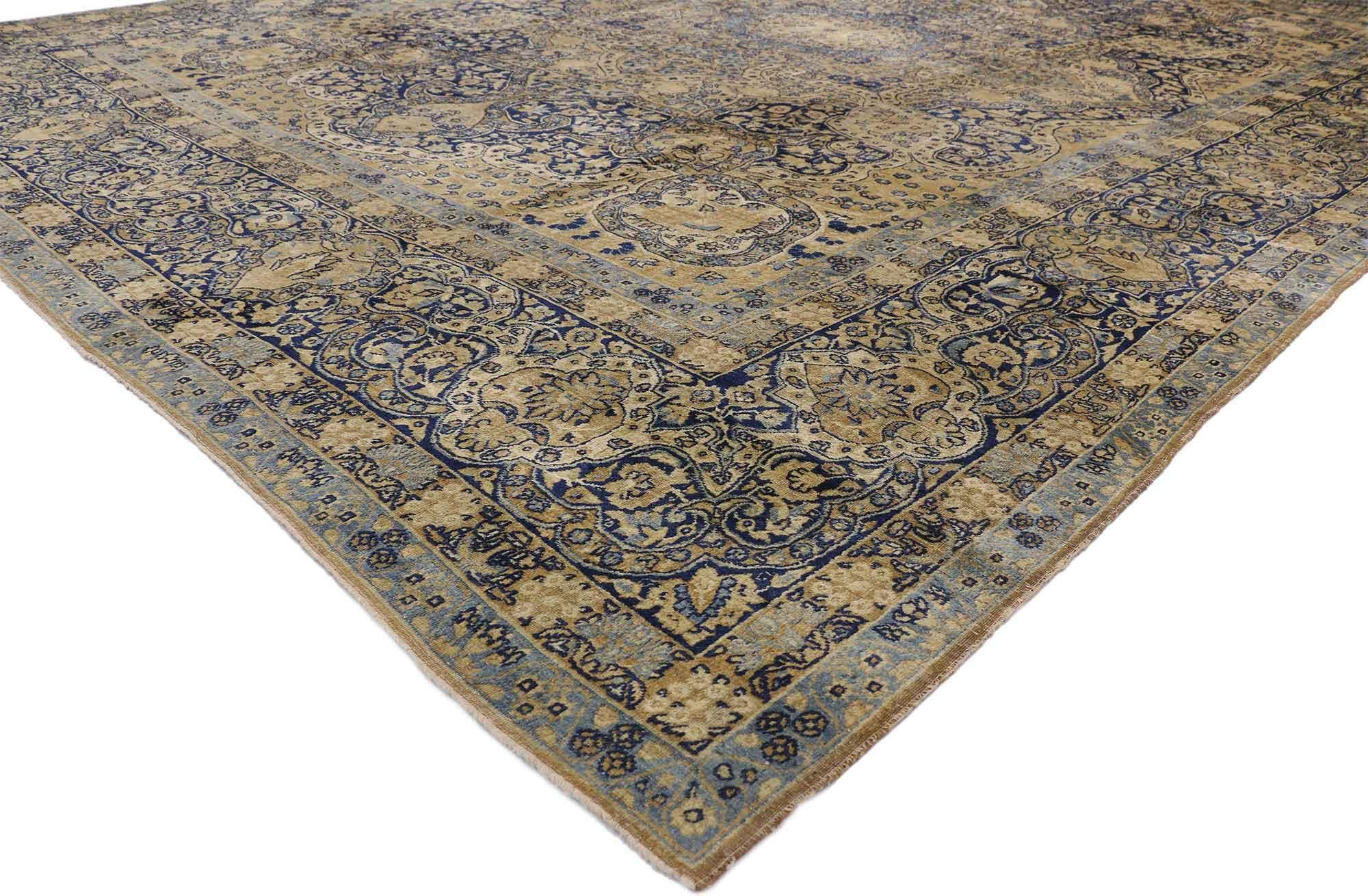 73956 Distressed Antique Persian Yazd rug 11'02 X 15'09. With its perfectly worn-in charm and rustic sensibility, this hand-knotted wool distressed antique Persian Yazd rug will take on a curated lived-in look that feels timeless while imparting a