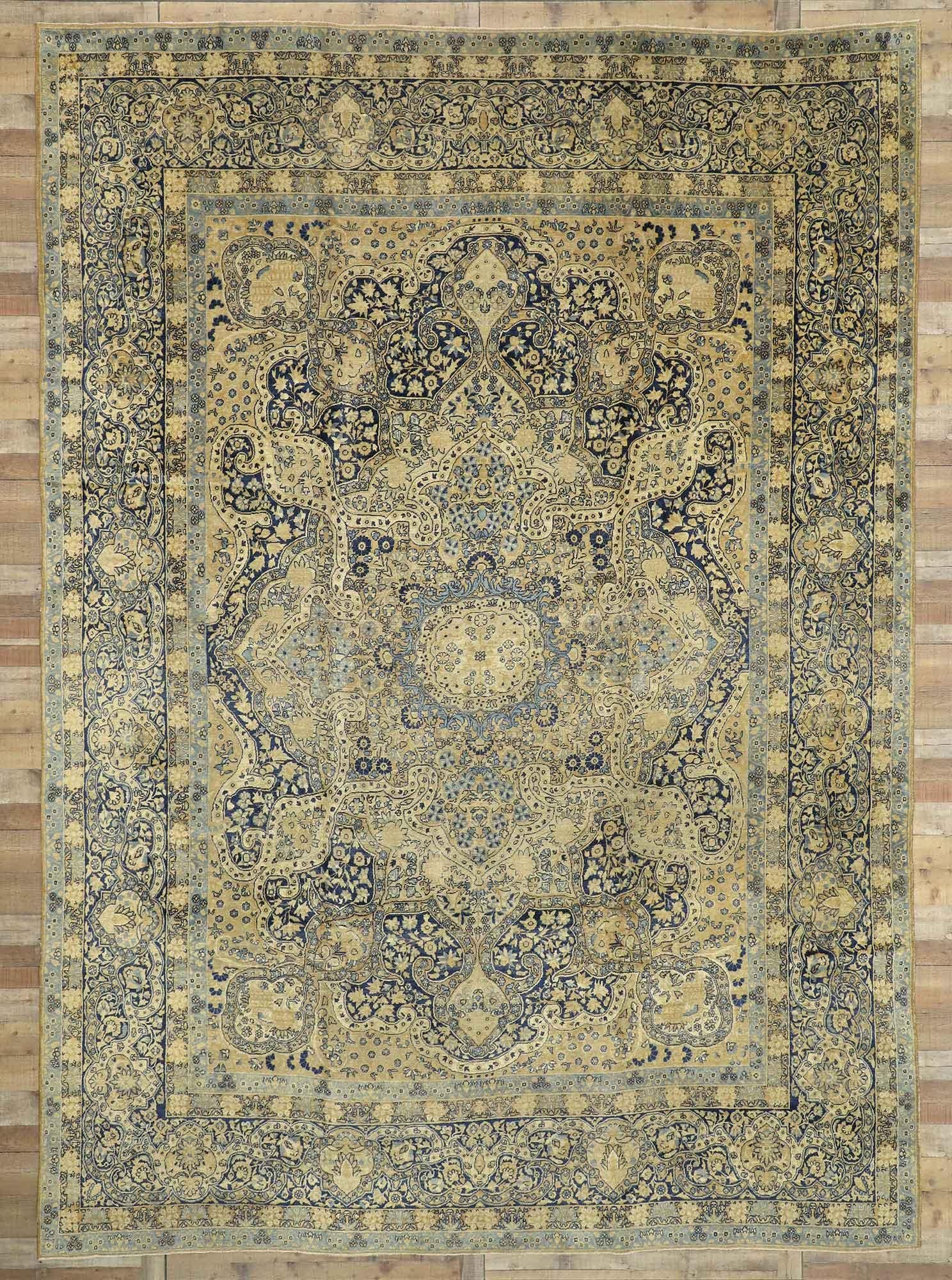 Antique Persian Yazd Rug, Timeless Elegance Meets Welcomed Informality In Distressed Condition For Sale In Dallas, TX
